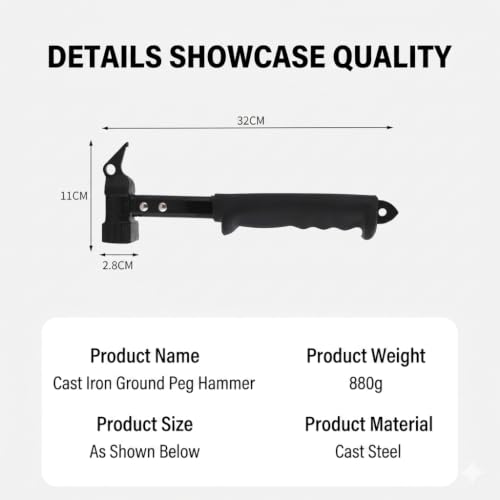 Heavy Duty Tent Stake Peg Hammer & Puller 2 in 1 Tool, Portable Camping Mallet with Non-Slip Rubber Handle, Steel Tent Stakes Remover for Outdoor Camping Hiking Backpacking