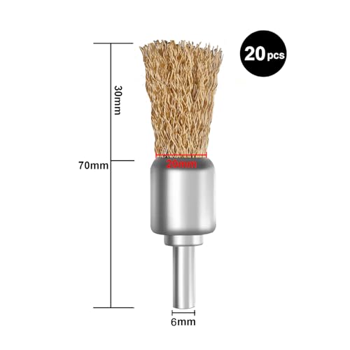 Brass Coated Wire Brush Set for Drill, 1/4 Inch Shank,Crimped Carbon Steel Bristles for Rust Removal, Paint Stripping, Corrosion Cleaning, Surface Scrubbing, Deburring (20mm,20pcs) - size: 20mm,20pcs
