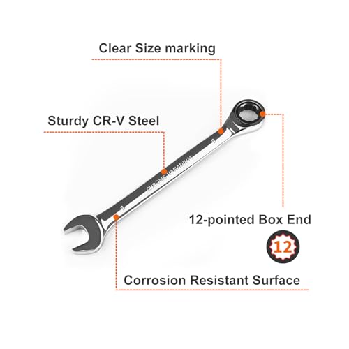Egofine 8mm Ratcheting Combination Wrench Metric, Industrial Grade Gear Spanner with 12-Point Design, 72-Tooth Ratchet, Chrome Vanadium Steel - size: 8mm