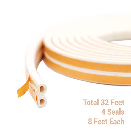 CANOPUS Weather Stripping Door & Window Seal Strip, Weather Stripping Door Seal, Self Adhesive with Double D-Shaped Section Profile, Insulation Roll, 2 Rolls of 2 Strips, 8ft Each, Total 32ft, White - color: White