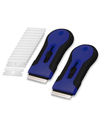 Bates- Razor Blade Scraper Tool, 2 Pack, 30 Extra Stainless Steel Blades, Anti-Slip Ergonomic Handle Design, Razor Scraper Set for Cleaning Window, Paint, Oven, Glass, Stove - color: Black & Blue