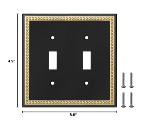 Pearled Frame Decorative Wall Plate Switch Plate Outlet Cover (Double Toggle, Black & Dark Golden) - style: Double Toggle