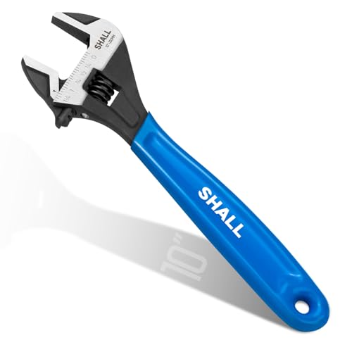 SHALL 10 Inch Adjustable Wrench, Cr-V Steel Spanner with Cushion Grip, Wide Jaw Black Oxide Wrench with Laser-etched SAE Scales for Home, Garage, Workshop and DIY - size: 10 inch