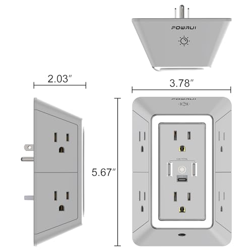 Multi Plug Wall Outlet Night Light, POWRUI 6 Outlet Extender & 3 USB Ports - color: Grey(6Outlets/Night Light), size: 2U1C