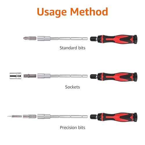 Amazon Basics Magnetic Ratcheting Wrench and Electronics Precision Screwdriver Tool Set, 73-Piece, with Carry Case for Household Repair, Small Jobs, Eyeglasses, Black/Red/Silver - style: 73-Piece