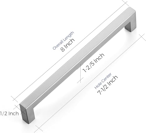Ravinte Brushed Nickel Square Cabinet Handles & Pulls 7-1/2 Inch 10 Pack - size: 8 in (7-1/2 in Hole Center)