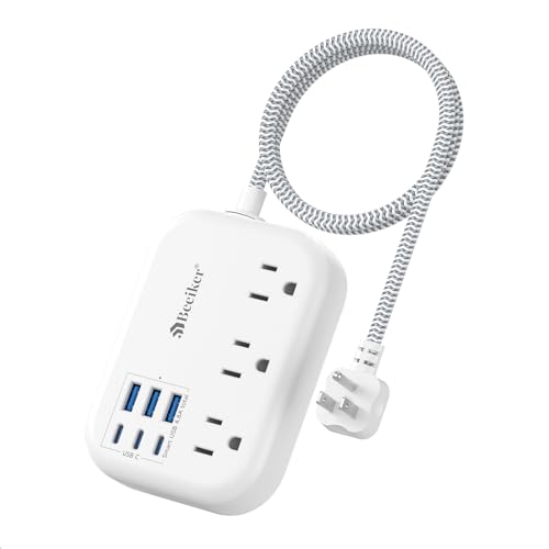 Beeiker Short Extension Cord 2 Foot Travel Power Strip 6 USB 3 Outlets - size: 2 FT-24W-980J-White
