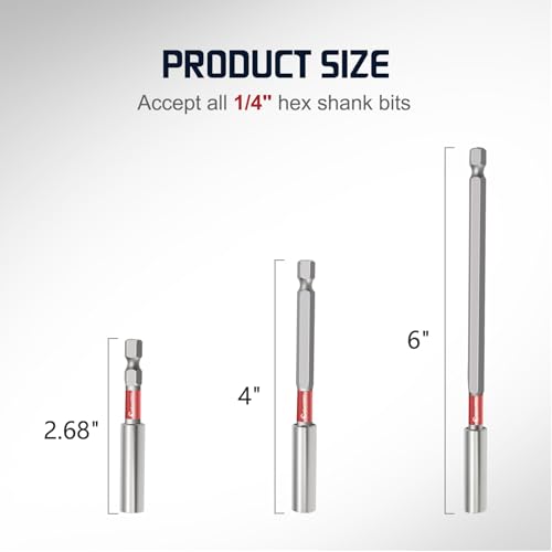 6PCS Magnetic Impact Bit Holder,1/4" Hex Shank S2 Steel Magnetic Drill Bit Extension Holder,Straight Without Bending Screwdriver Bit Extender, 2.6", 4", 6" Extensions