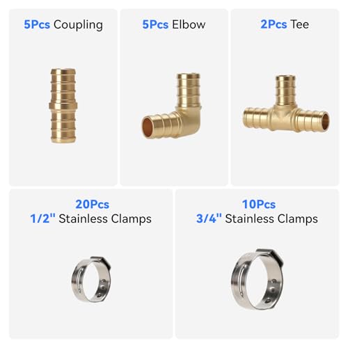 PEX Cinch Clamp Tool Kit - 3/8" to 1" Clamp Tool, Pipe Cutter, 12 Brass PEX Fittings (5 Coupling, 5 Elbow, 2 Tee), 20 * 1/2" + 10 * 3/4" Stainless Clamps