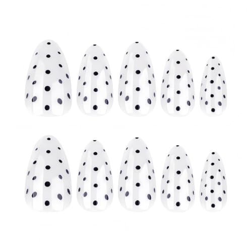 White Medium Short Almond Press On Nails, Black Polka Dots, 24PCS - color: 56-Dots Charm