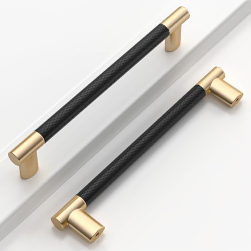 Black & Gold Knurled Cabinet Handles Kitchen Pulls 6 Inch 10 Pack - color: Black and Gold, size: 6" Hole Center