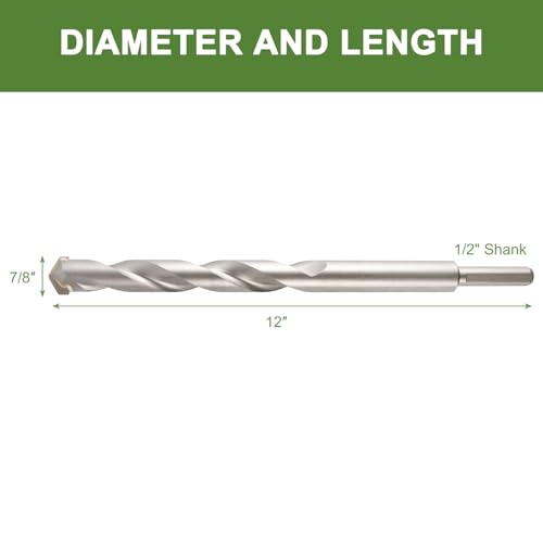 7/8" x 12" Masonry Drill Bits 7/8 inch Concrete Hammer Drill Bits Carbide Tipped, for Cement, Brick, Stone, 3-Flat Shank - size: 7/8" X 12"