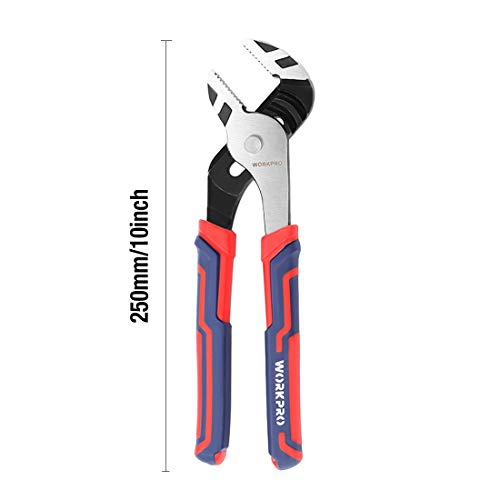 WORKPRO 10-Inch Groove Joint Pliers, 7-Position Adjustable Pump Pliers, 2" Jaw Capacity, CR-V Steel, Anti-Rust Electrophoretic Coating, Bi-Material Non-Slip Handle for Plumbing, Home Repair - size: (Pack of 1)