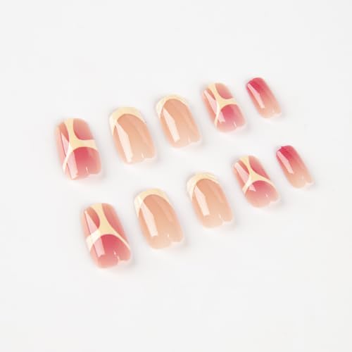 Halation Press On Nails Medium Square,Pink Fake Nails with French Tip and Line Design, Reusable Stick On Nails Glossy Finish False Nails for Women,12Sizes-24 Nail Kit