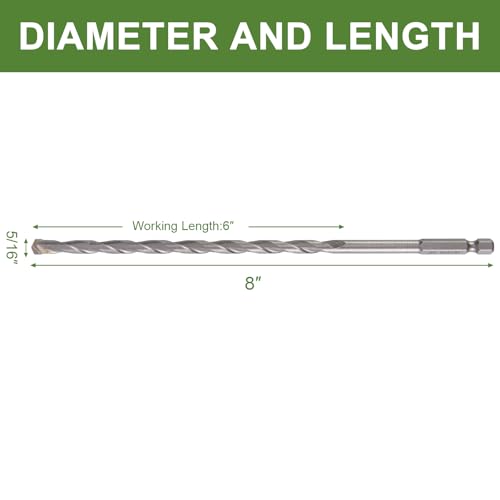 5/16" x 8" Masonry Drill Bits (2 Pack) Concrete Hammer Drill Bits Carbide Tipped, for Cement, Brick, Stone, Hex Shank - size: 5/6" - 2 Pack