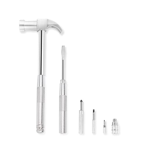 YOUMI 6 in 1 Silver Hammer & Screwdriver Tool Multitool Set Claw Hammer with Anti-Slip Grip Handle Slotted/Flat Head Phillips Screwdriver Nail Puller Best Gift for Family Friends Colleagues - color: Silver