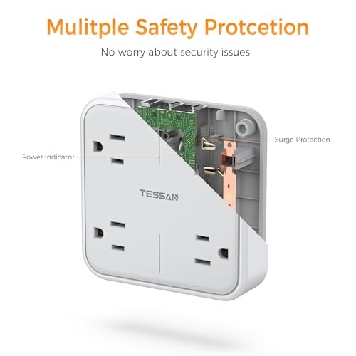 TESSAN Multi Plug Outlet Extender 4 Outlet Splitter | 3 USB Wall Charging Ports (2 USB C), Wide Spaced Multiple Expander Surge Protector for Office, Home, College Dorm Room, Gray - style: 2 USB C