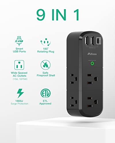 USB Outlet Extender Surge Protector with Rotating Plug - color: Black, size: 2A1C, 1 Pack