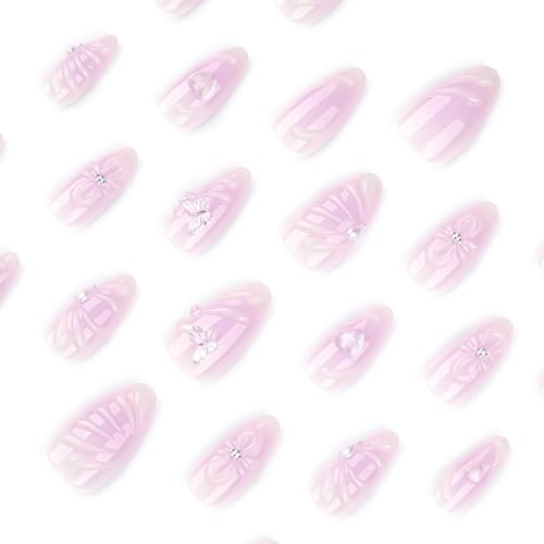 Mivota Luxury Soft Gel Press On Nails Medium Almond Nude Pink Jelly with 3D Butterfly & Pearl Design, Reusable Glue On Fake Nails for Women, Salon Manicure Set 24PCS - color: 3D-71 Light Purple Gradient