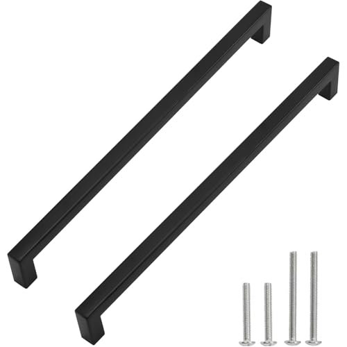 Cabinet Pulls Matte Black Cabinet Handles Square Drawer Pulls, 5 Pack 12-3/5 Inch Stainless Steel Kitchen Door Cupboard Cabinet Handles, Drawer Hardware Handles, 320mm Hole Centers - size: 12-3/5 inch Hole Centers(320mm)