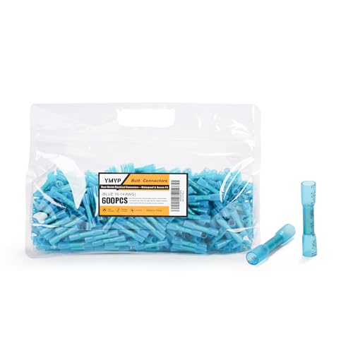 600PCS Butt Connectors Heat Shrink - Blue 16-14 AWG Electrical Connections - Tinned Red Copper 0.8mm - Automotive Marine Stereo Boat Crimps - Waterproof and Insulated - size: Blue AWG 16-14