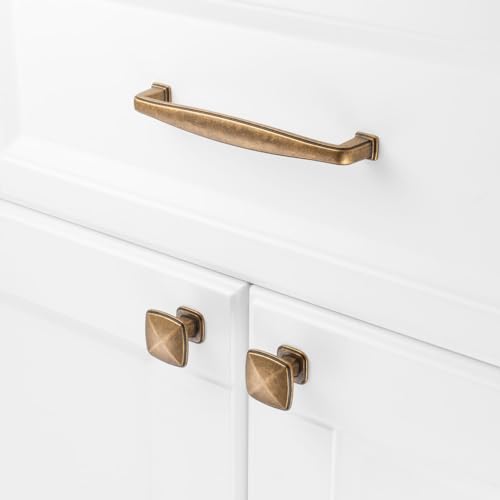 KOOFIZO 10 Pack Antique Brass Cabinet Knobs Brass Drawer Knobs K02 Square Single Hole Cabinet Pulls for Cabinets Drawer Dresser Cupboard Bedroom Closet Bathroom Vanity - color: Antique Brass, size: Knob 1 - 10Pcs