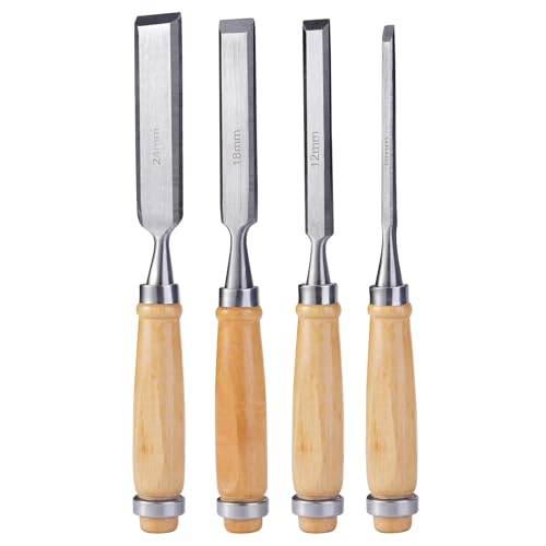 4Pcs Carbon Steel Wood Chisel Set, Beveled Blades with Guards, Wood Handle Woodworking DIY Tools (1/4", 1/2", 3/4", 1")