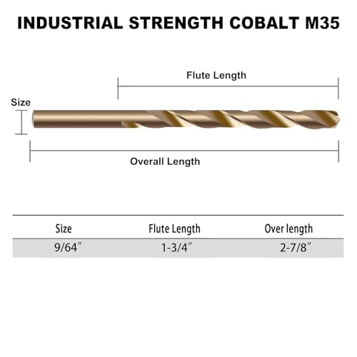 GMTOOLS 9/64 inch Cobalt Drill Bits, M35 HSS, 135 Degree Tip, Jobber Length Twist Drill Bit Set for Hard Metal, Stainless Steel, Cast Iron, Wood and Plastic, with Storage Case, Pack of 13 - style: M35-9/64-13PCS