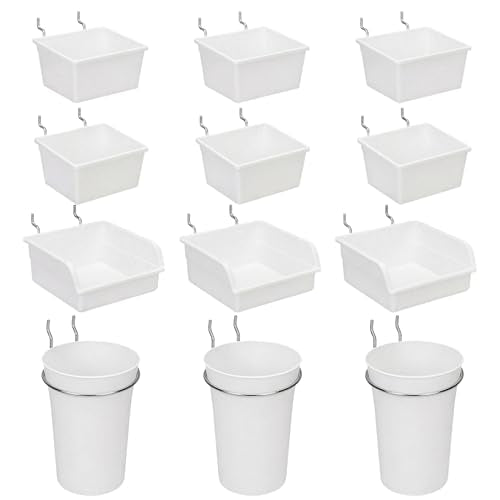 Pegboard Bins Cups with Hooks & Loops 12 Pack Peg Board Organizer (White) - color: White