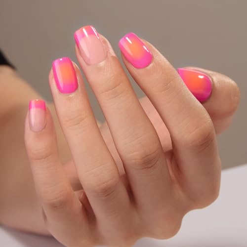 CurvLife Medium Square Chrome Press On Nails, Neon Hot Pink, Soft Gel - color: French nails