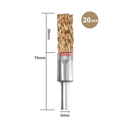 ATOPLEE 20pcs Brass Coated Wire Brush Wheel & Cup Brush Set with 1/4 Inch Round Shank,Diameter 3/8‘’(10mm) Crimped Wire Brush Wheel for Rust Removal, Corrosion and Scrub Surfaces,for Drill Attachment - style: 10mm,20pcs