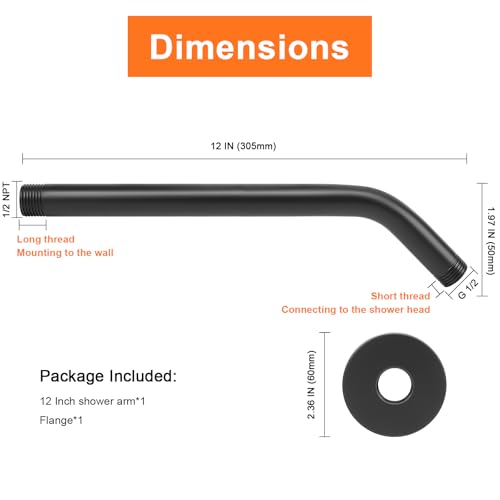Shower Arm with Flange and Teflon Tape, Wall Mounted Shower Pipe 304 Stainless Steel Extension Arm for Fixed Shower Head & Handheld (12 Inches, Matte Black) - color: Matte Black, style: 12 Inch