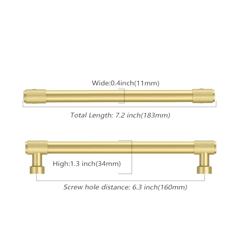 Amerdeco 10 Pack Brushed Gold Knurled Cabinet Pulls 6.3 Inch(160mm) Hole Center Kitchen Cabinet Handles Drawer Pulls Cabinet Hardware ZH0034 - color: Brushed Gold, size: 6.25"/160mm Hole Center