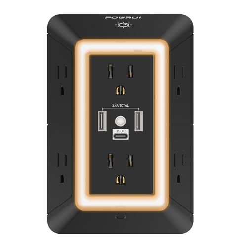 Multi Plug Wall Outlet Night Light, POWRUI 6 Outlet Extender & 3 USB Ports - color: Black(6Outlets/Night Light), size: 2U1C