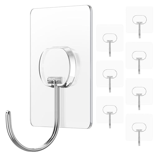 Adhesive Wall Hooks No Drill Large Clear Heavy Duty,13LB Sticky 8 Pack - color: Clear, size: Large 8 Pcs
