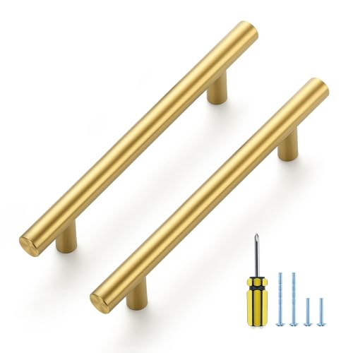 Ravinte Brushed Gold Cabinet Handles,Round T Pulls,3-3/4 Inch,30 Pack - color: Brushed Gold, size: 3-3/4 Inch Hole Center