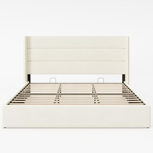 Allewie King Size Chenille Lift Up Hydraulic Storage Bed Frame Cream White - color: Cream White, size: King, style: Modern
