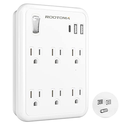 USB Wall Outlet Extender with On Off Switch, Surge Protector Outlet,6 AC Multi-Plug with 3 USB Ports (1 USB C), 490 Joules, Flat Socket Splitter with Spaced Outlet for Home, Office, College