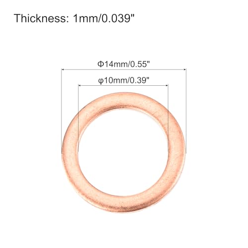 MECCANIXITY 52 Pcs Flat Copper Washers, 10x14x1mm Copper Upgraded Flat Metric Sealing Crush Ring Washers for Hydraulic Fittings Screw Bolt Nut Electronic Repair - size: 10x14x1mm