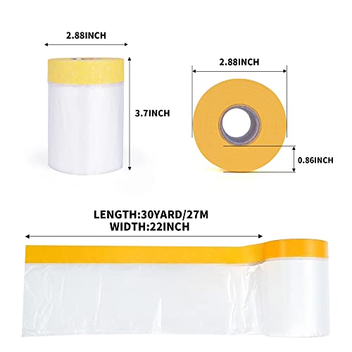 TAPEBEAR Pre-Taped Masking Film Tape and Drape 22" x 30Yards 3Rolls - size: 550mm x 27m