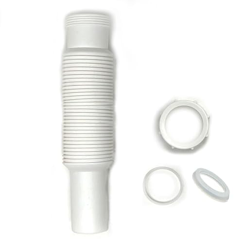 Flexible Extension Pipe, 1-1/2 inch x 15 inch with Adapter for 1 1/4" Inlet Tube with Slip-Joint Nut and Washer for P-Trap Connection used with Kitchen or Bathroom Drain- White Plastic Polypropylene