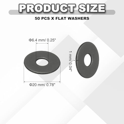 PATIKIL M6 Flat Washers 1/4" ID x 11/16" OD, 50 Pcs 304 Stainless Steel Metal Metric Washers Black Electroplated Flat Gasket Spacer for Screws and Bolts, Black - size: M6 x1/4"ID x 11/16"OD