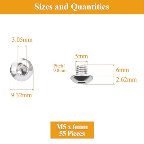 55 Pieces M5 x 6mm Button Head Socket Cap Screws, Thread Pitch 0.8mm, Sutemribor M5 Screws, 304 Stainless Steel, Fully Threaded, Silver - size: M5 x 6mm, style: Button Head