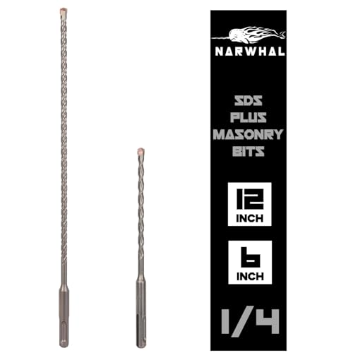 Narwhal SDS Plus 1/4 Inch Masonry Drill Bit for Rotary Hammers (2 Pack Includes 6" & 12" Bit) Carbide Tipped to Easily Drill Through Concrete, Cement, Brick, Block, Stone, and More! - size: 1/4" x 12"