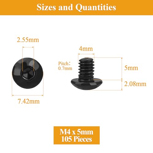 105 Pieces M4 x 5mm Button Head Socket Cap Screws, Thread Pitch 0.7mm, Sutemribor M4 Black Screws, 10.9 Grade Alloy Steel, Black Oxide Finish, Fully Threaded - size: M4 x 5mm, style: Button Head