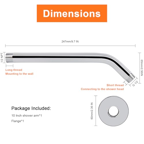 Shower Arm with Flange and Teflon Tape, Wall Mounted Shower Pipe 304 Stainless Steel Extension Arm for Fixed Shower Head & Handheld (10 Inch, Chrome) - color: Chrome, style: 10 Inch