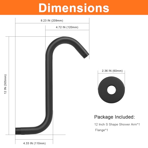 S Shaped Shower Arm, High Rise Shower Head Extension Pipe Standard 1/2" Connection with Flange, Awesome Shower Experience-Stainless Steel Bathroom Accessory(12 Inch S Shape, Matte Black) - color: Matte Black, style: 12" S Shape