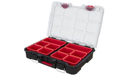 Keter Stack N' Roll Tool Organizer, Portable Small Parts Organizer with Removable Bins, Clear Lid, Lockable Storage Case for Screws, Nails, Fasteners & Hardware, Stackable Modular Tool Storage - color: Black/Red, size: Tool Organizer