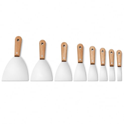 8Pcs Putty Knife Set – Rust-Free 1" to 6" Scrapers Perfect for Repairing Drywall, Removing Wallpaper & Mud Plaster Scraping! Upgrade Your DIY Toolkit! (Wooden Handles (Pack of 8))