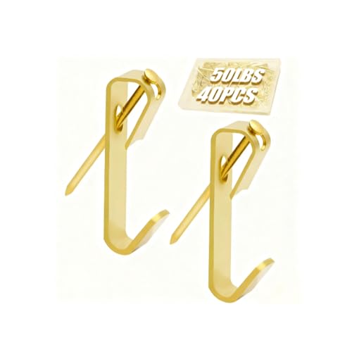 40PC 50lb Heavy Duty Picture Hangers with Nails for Drywall & Wood | Holds up to 100lbs, Easy to Install, Secure Sturdy Hold, Minimal Wall Damage, Includes Storage Case for Organization - size: 40PCS 50LB Gold